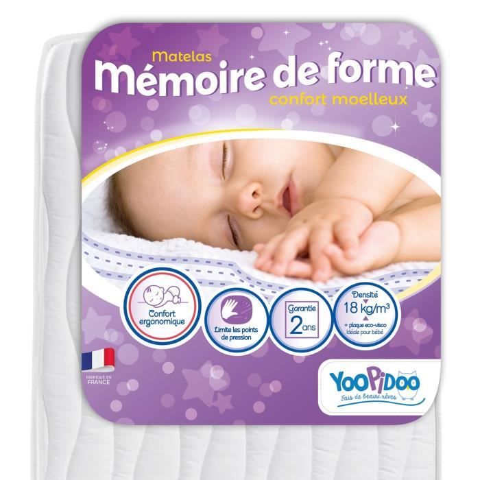 YOOPIDOO Matelas bebe Memoire de forme - ergonomique - Fabrication francaise - 60 x 120 x 12 cm