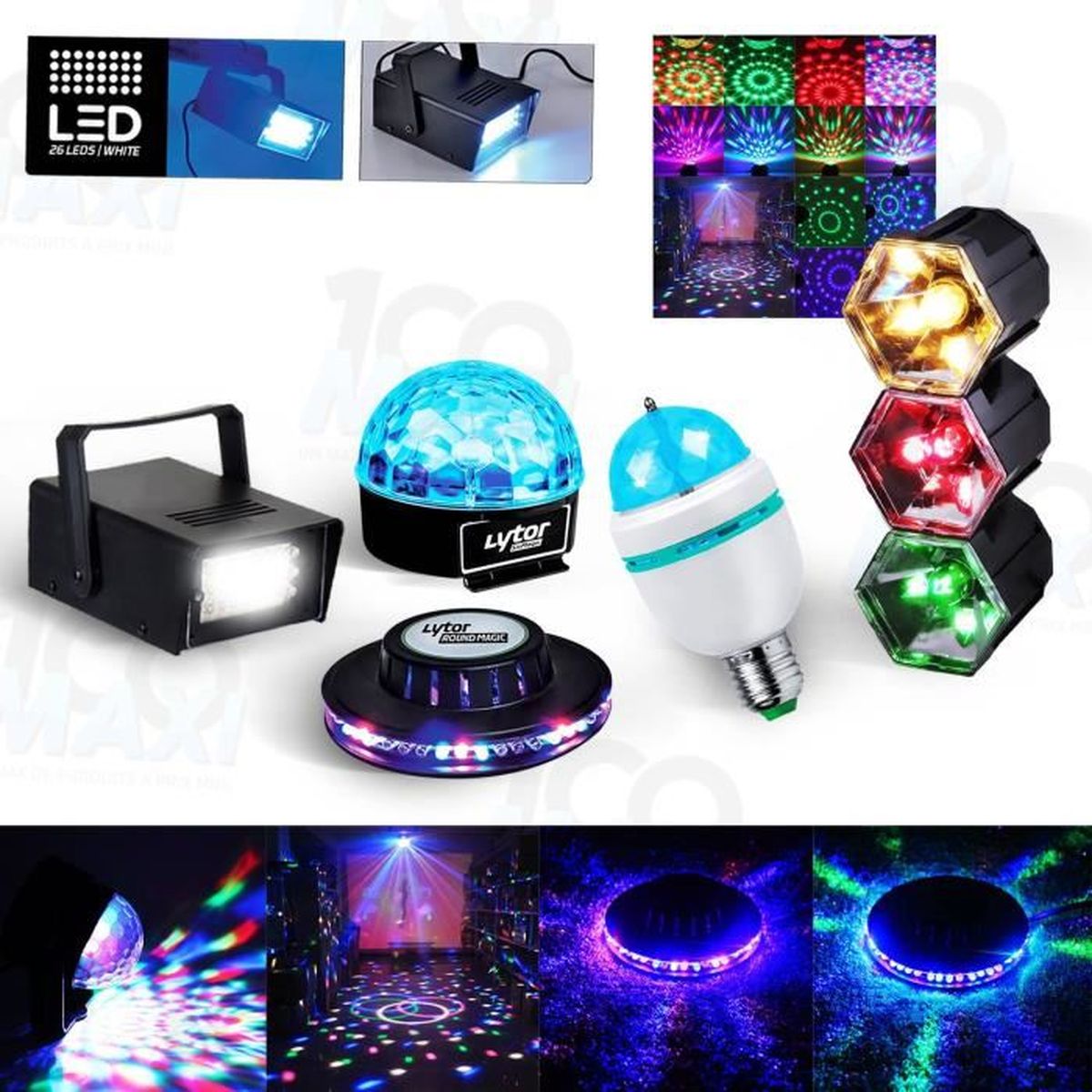Pack 5 Jeux lumière effet OVNI + Stroboscope + Ampoule Disco