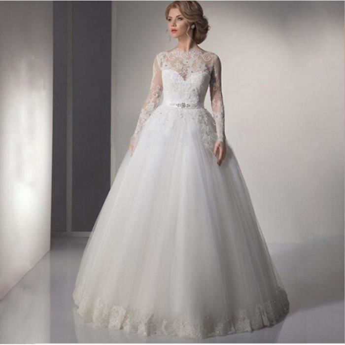HUIXIN®Robe de mariée à manches longues mariée princesse dentelle mariage blanc queue robe de mariée
