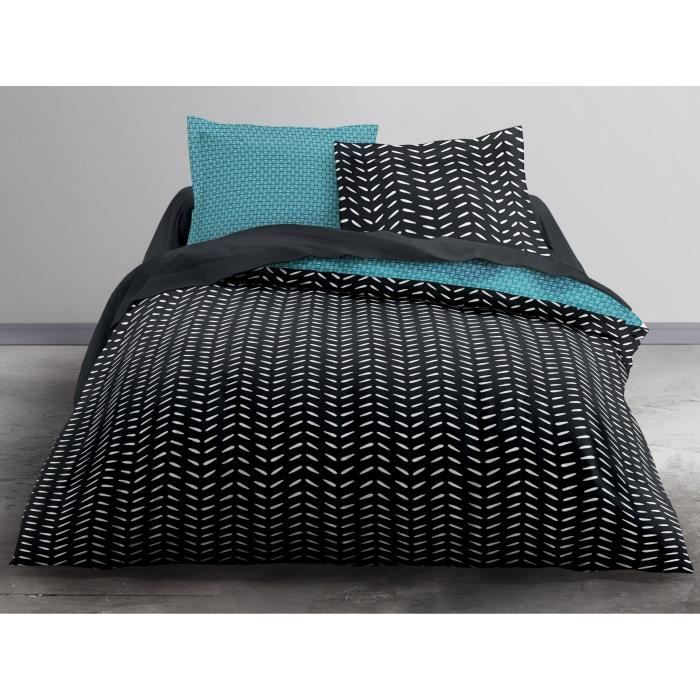 TODAY Parure de couette ENJOY AIGA 100% coton - 1 housse de couette et 2 taies d'oreiller - 220x240 cm - Noir