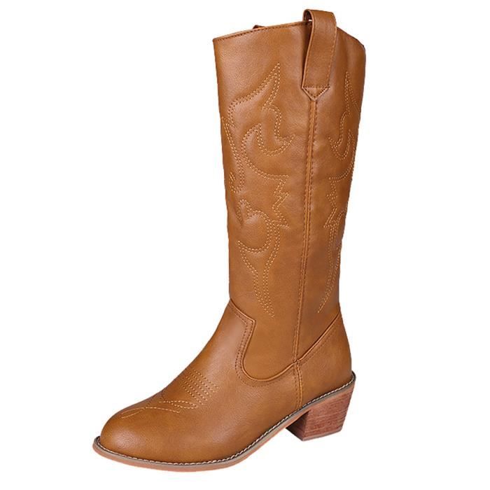 Marron Cuir Ronde Chaussures Talon Femmes Boots Martin Mules Moyen Bottes Tube Carrées Toe Ag7qcTg6Xw