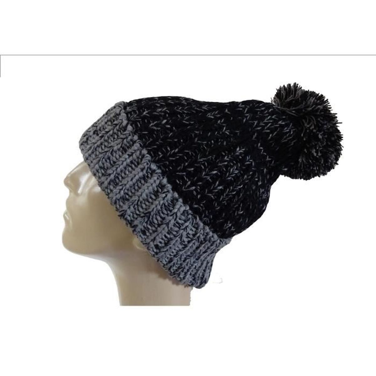 BONNET , CAGOULE Bonnet Homme Noir Chiné long avec Pompon et revers