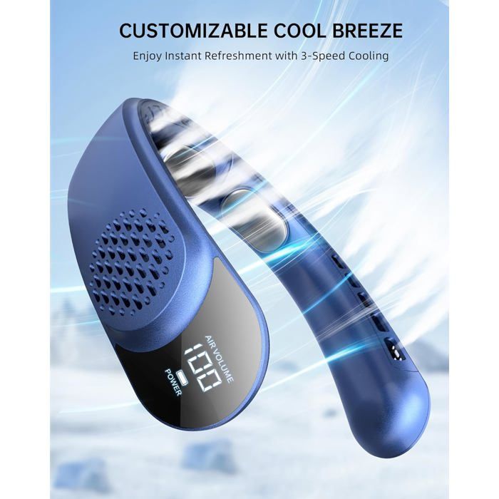 Même ventilateur de cou bleu en vue de profil, avec des effets graphiques de flux dair bleus et de refroidissement. En haut, le texte CUSTOMIZABLE COOL BREEZE et Enjoy Instant Refreshment with 3-Speed Cooling est
