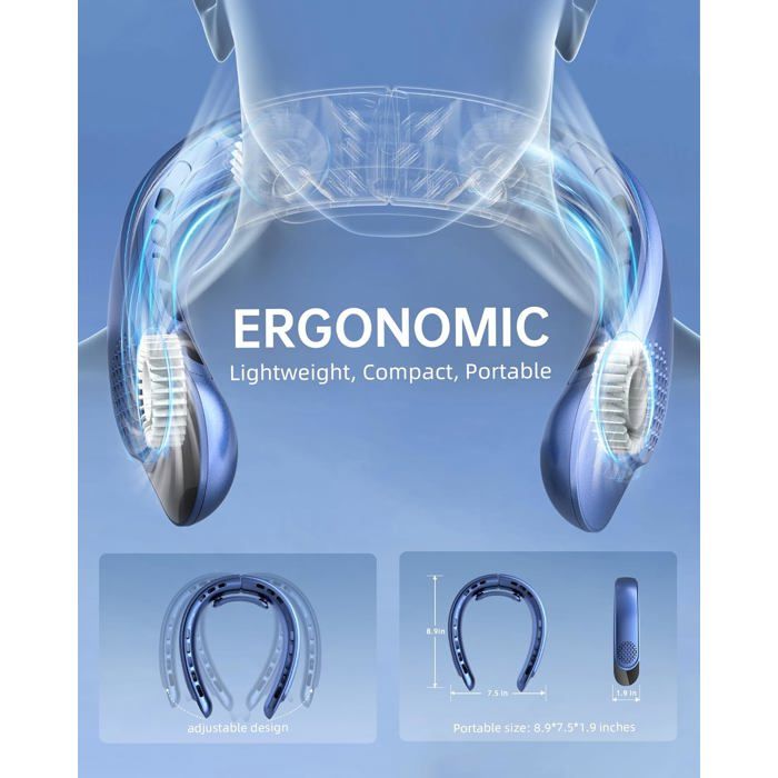 Schéma ergonomique du ventilateur de cou sur un corps humain transparent, illustrant le design ajustable et les dimensions compactes (8.9*7.5*1.9 inches), avec les mentions ERGONOMIC et Lightweight, Compact, Portable.