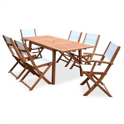 Salon de jardin en bois extensible - Almeria - Table 120/180cm avec ... Salon de jardin en bois extensible - Almeria - Table 120/180cm avec ...