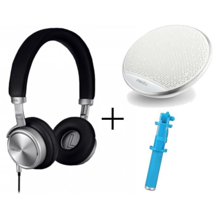 MEIZU Casque filaire Audio HD50 Noir + Enceinte Bluetooth portable A20 Compacte + Perche Selfie Bleue