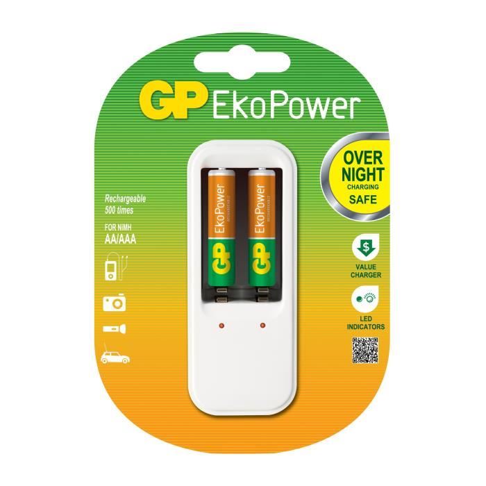 CHARGEUR GP PB410 - Chargeur Ultra Compact - Charge 1 ou 2 AA/AAA - livré avec 2 accus AAA 650 mAh EkoPower