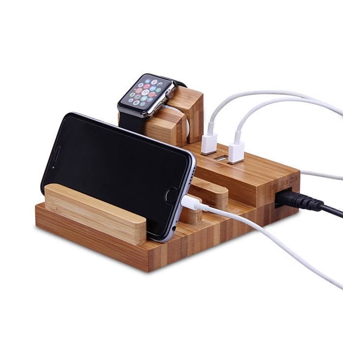MOONMINI® Station de Charge en Bois avec 3Port Chargeur multiple USB Support de charge