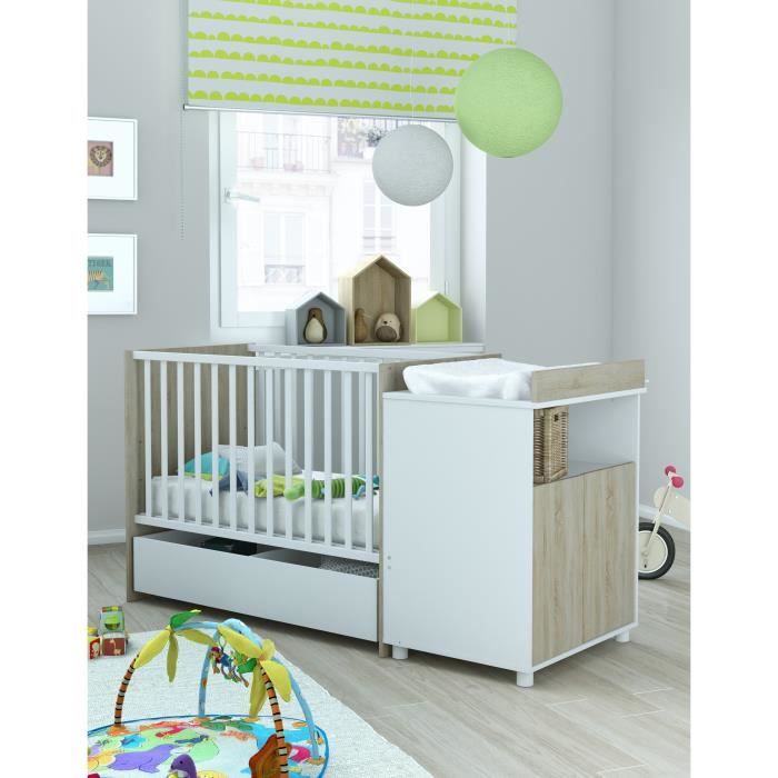JOY Lit Combiné Evolutif Bébé avec Tiroir Chêne Brossé et Blanc Perle - 60x120 cm