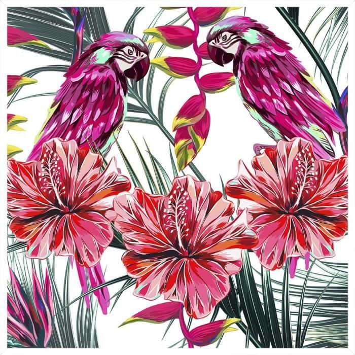 Image encadrée type coffre Perroquets - MDF - 35x35 cm - Rose fuchsia et vert - Moulure blanc mat 40x15 cm