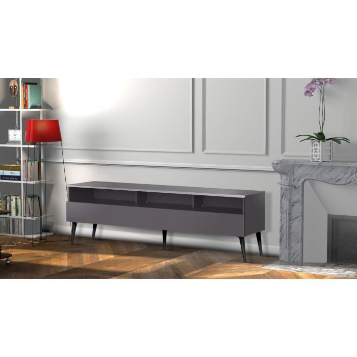 MELICONI HALMSTAD 160 Meuble TV - Longueur 160 cm - DEMI-PORTE abattante finition BOIS - Pieds Scandinaves couleur Noir