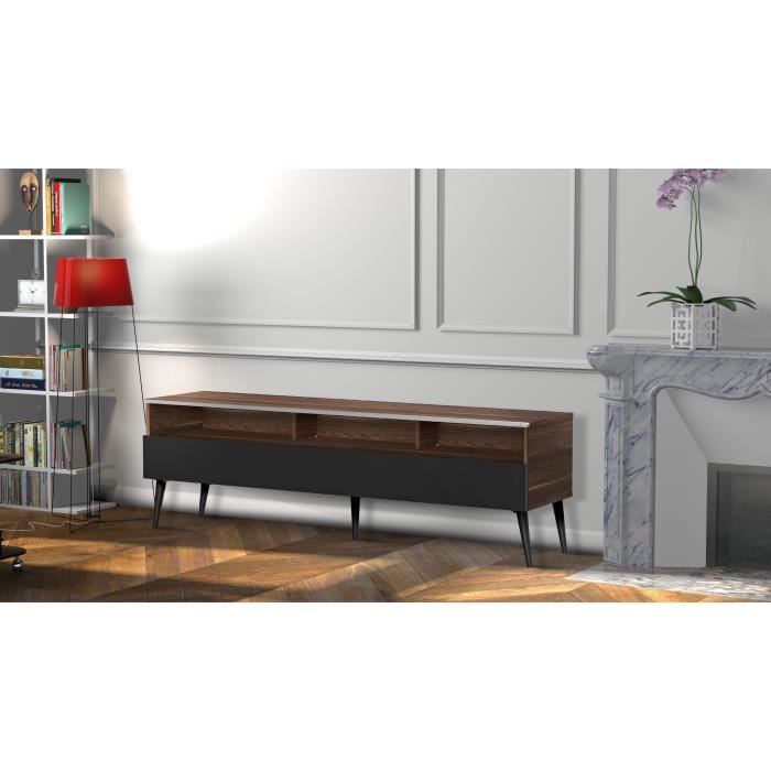 MELICONI KARLSTAD 160 Meuble TV - Longueur 160 cm - DEMI-PORTE abattante finition BOIS - Pieds Scandinaves couleur Noir
