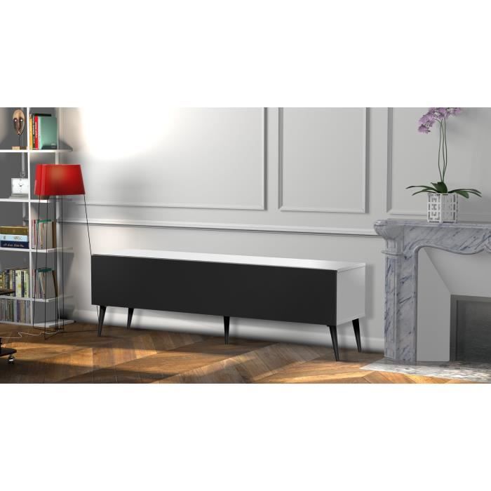 MELICONI OREBRO 160 Meuble TV - Longueur 160 cm - Porte abattante finition TEXTILE - Pieds Scandinaves couleur Noir