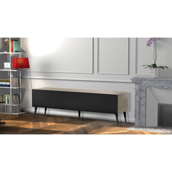 MELICONI UMEA 160 Meuble TV - Longueur 160 cm - Porte abattante finition TEXTILE - Pieds Scandinaves couleur Noir