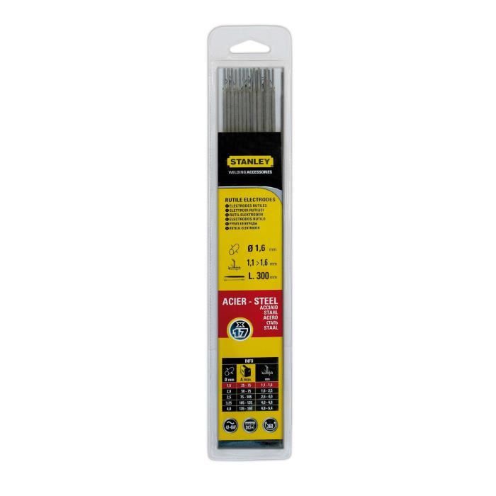 STANLEY 460716 Lot de 17 électrodes rutiles acier - Ø 1,6 mm - L 250 mm - Baguettes de soudure