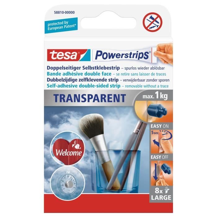 TESA Bande adhésive - Powerstrips - Transparent - x 8
