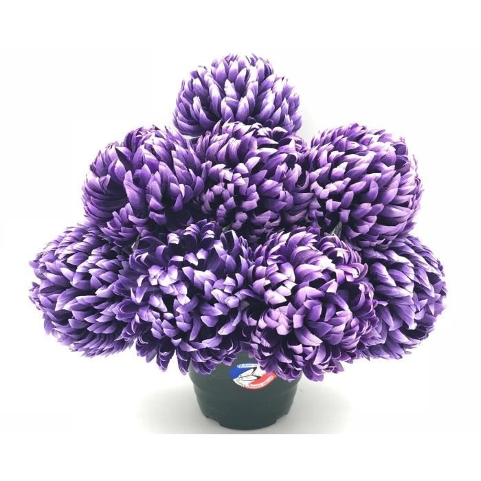 UNE FLEUR EN SOIE Pot de chrysanthèmes boules mauve fonce - 36 cm