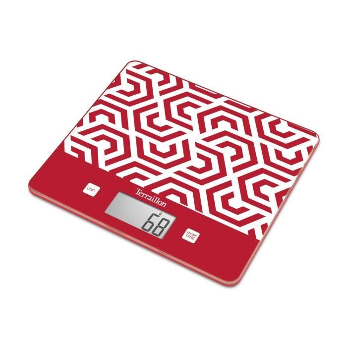 TERRAILLON Balance culinaire T1040 COPENHAGUE - 3 kg - LCD - Tare - Plateau verre- Slim - Décor - Rouge