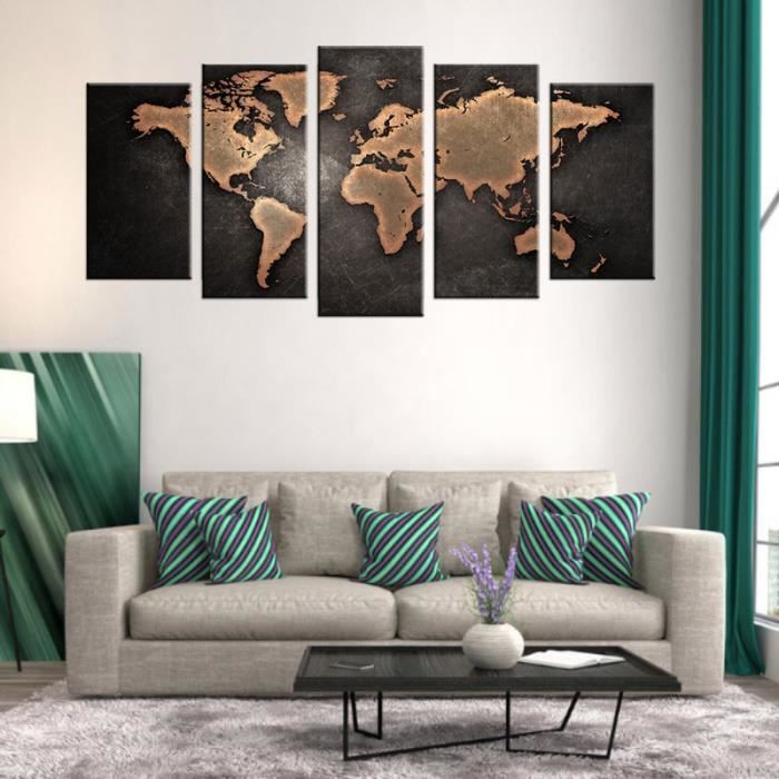 5 Panneaux Toile Imprimé Peinture Moderne Abstraite Carte Du Monde