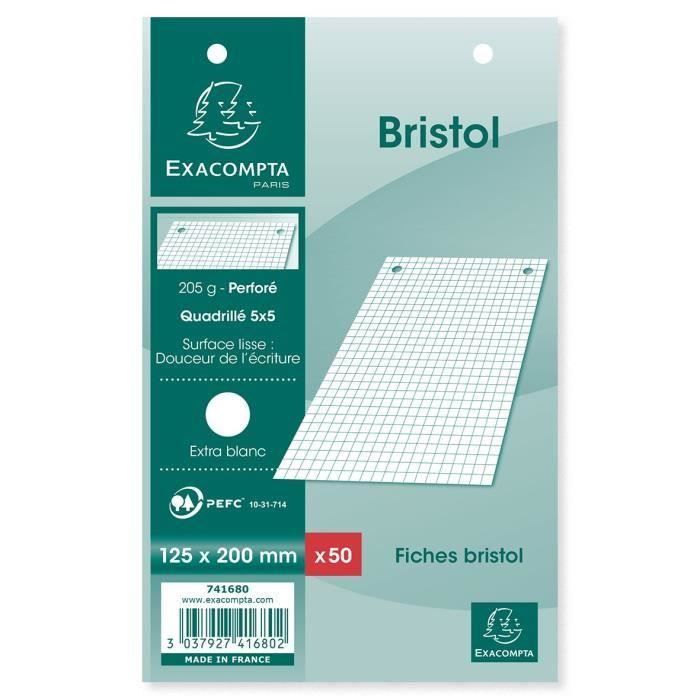 EXACOMPTA - 50 fiches Bristol blanches - Perforées - 12,5 x 20 - 5 x 5 - Papier P.E.F.C 205G (Lot de 3)