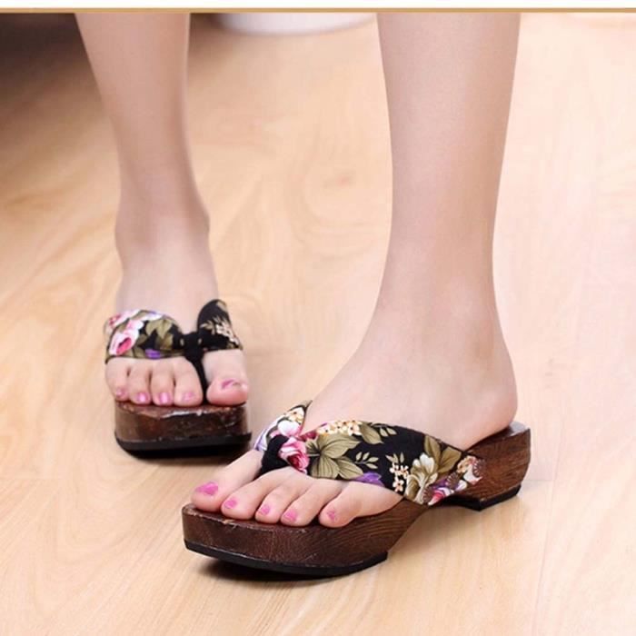 Tongs Bois Forme noir Sabot Femmes Plate Sandales En Chaussures Sabots D'été MjLqSVGzpU