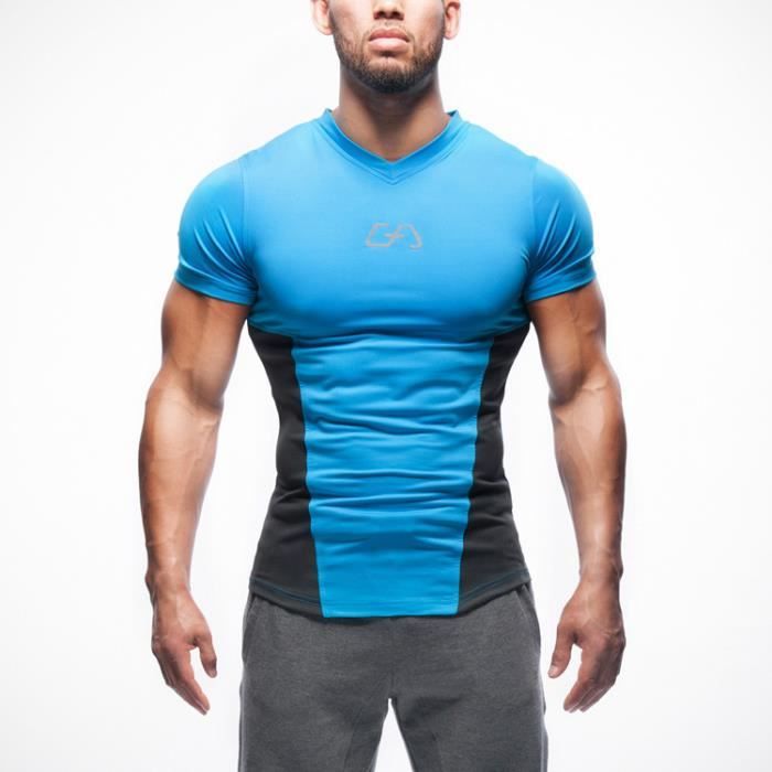 Tee Shirt Homme Marque Sport Fitness V cou Com... Bleu ...