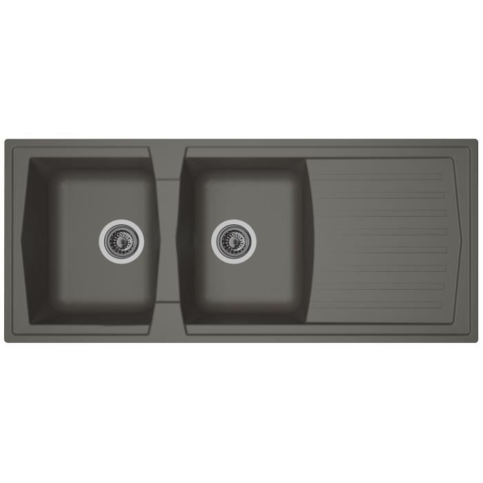 STRADOUR Evier cuisine a encastrer 2 bacs + 1 egouttoir Arena - Resine - 116 x 50 cm - Gris beton