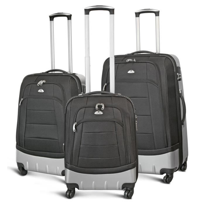 KINSTON Set de 3 Valises Semi Rigide ABS et Polyester 4 Roues 54-64-74 cm Noir