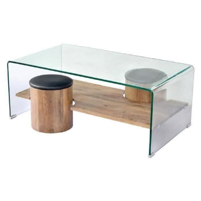 LEA Table basse contemporain décor chêne et plateau en verre trempé + 2 poufs simili PU noir - L 110 x l 60 cm