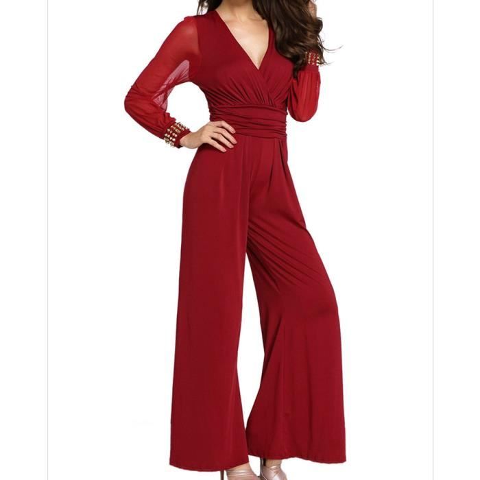 Combinaison Pantalon Large Femme Sexy Col V Profond Cintrée Manche