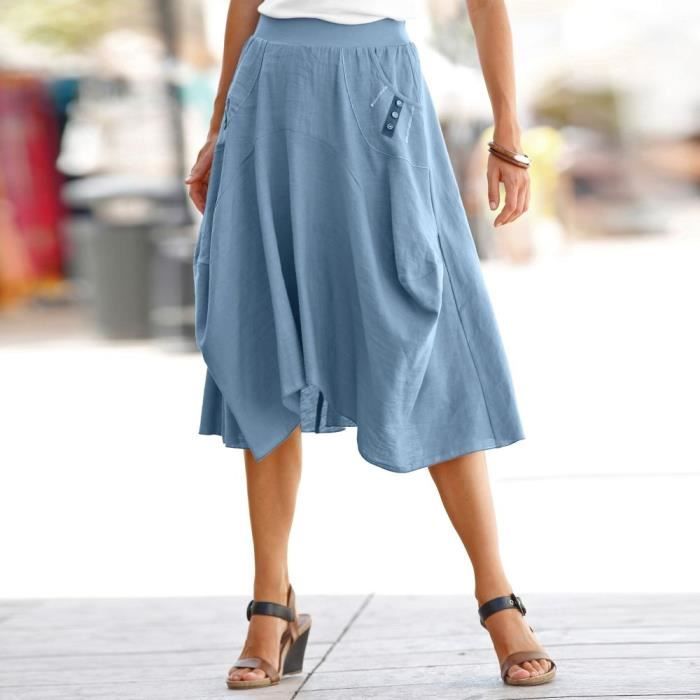 Et Asymétrique Blancheporte Bleu Vente Coton Achat Lin Jupe CxdeBro