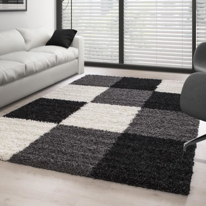 Superbe Tapis Gris Blanc Noir #7: Tapis Shaggy Pile Longue à Carreaux NOIR BLANC GRI Superbe Tapis Gris Blanc Noir #7: Tapis Shaggy Pile Longue à Carreaux NOIR BLANC GRI