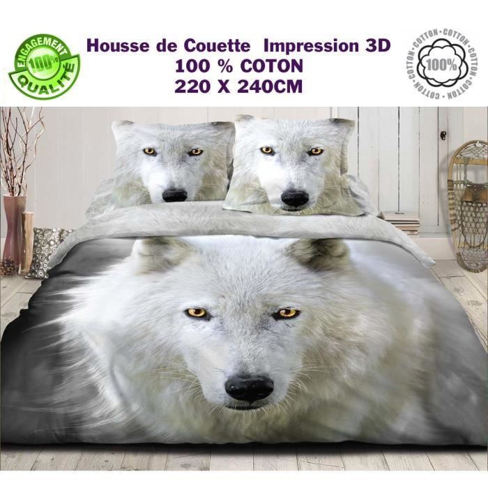 Housse de Couette +Taies 3D LOUP BLANC "100 % COTON" 57 ...