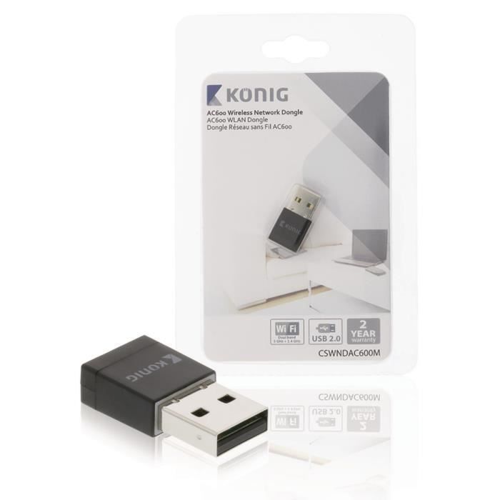 KONIG Adaptateur Wi-Fi reseau Sans fil AC600 2.4/5 GHz (Dual Band) - Noir. Vitesse 600 Mbps