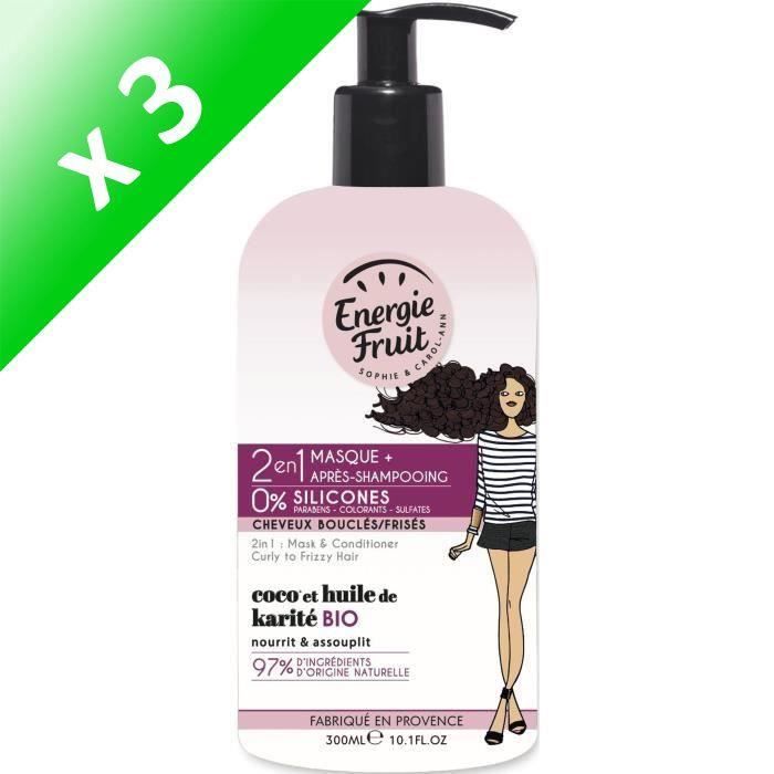 ENERGIE FRUIT Masque et après-shampoing pour cheveux bouclés ou frisés - Coco et Huile de Karité - 300 ml (Lot de 3)