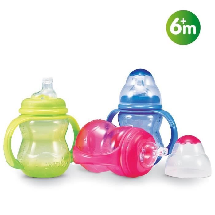 NUBY Tasse 240ml bec silicone souple 6m+ - Bleu / vert / rose - Coloris aléatoire