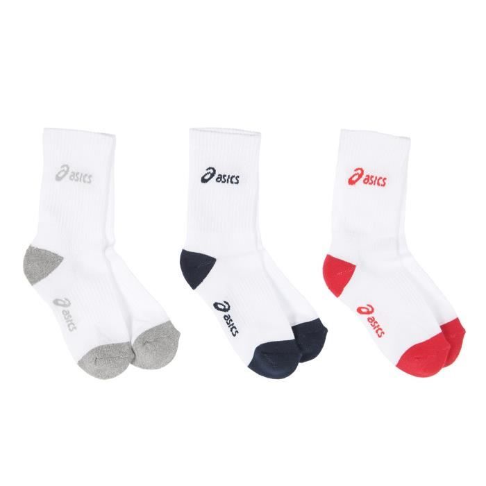 ASICS Lot de 3 Paires de Chaussettes Running Crew - Mixte - Blanc gris, blanc rouge et blanc bleu