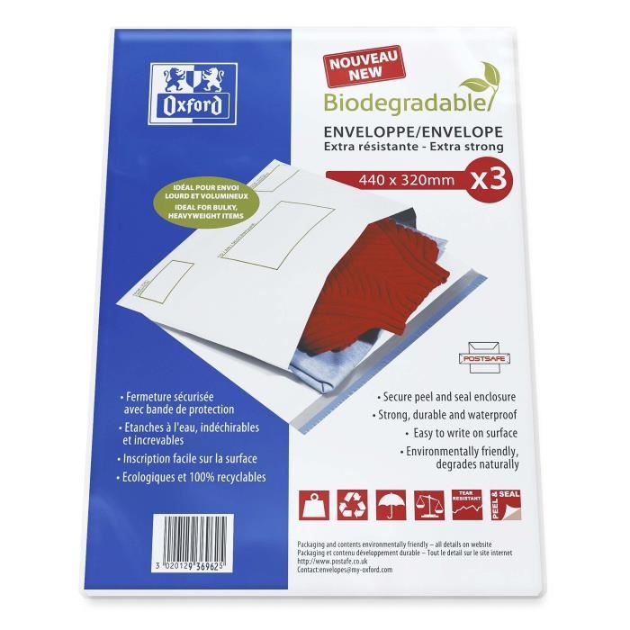 OXFORD 3 enveloppes-pochettes pour envoi bio-dégradables 44x32 cm