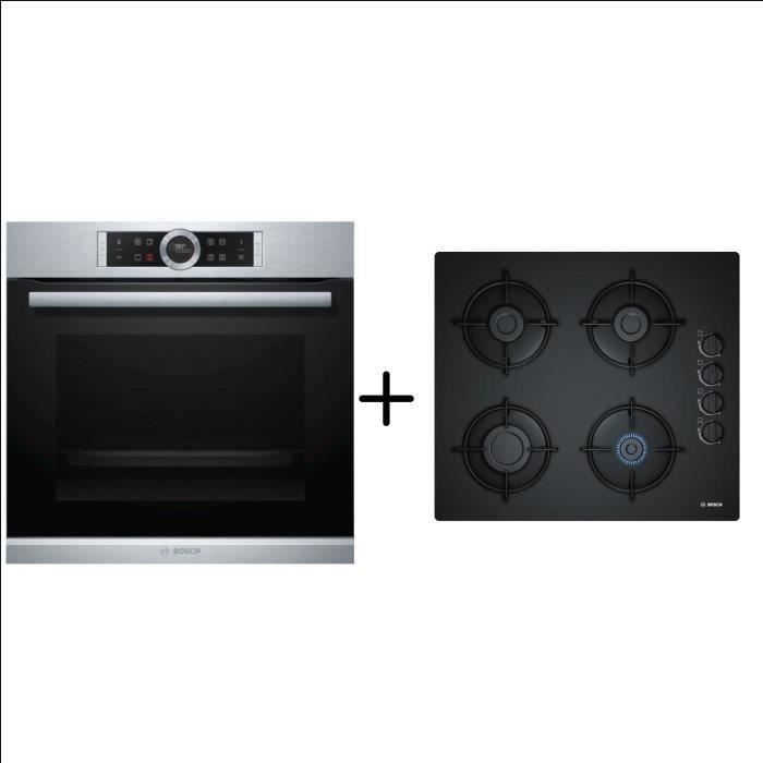BOSCH - HBG672BS2 - Four multifonction pyrolyse -71 l - Classe A+ - Inox + BOSCH POP6B6B10 - Table de cuisson gaz - 4 foyers - 7400W