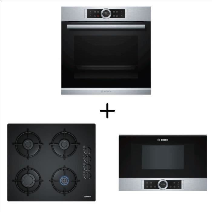 BOSCH HBG672BS2 Four multifonction - 71 l + POP6B6B10 Table de cuisson gaz - 4 foyers + BFL634GS1 - Four Micro-onde encastrable