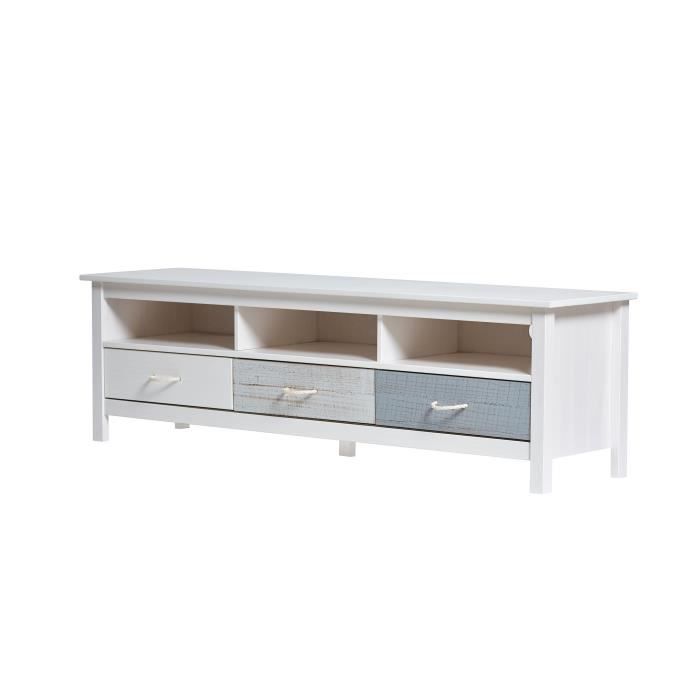 NEILA Meuble TV 3 tiroirs en pin massif - Blanc bleu et gris vielli - L 158 x P 40 x H 47 cm