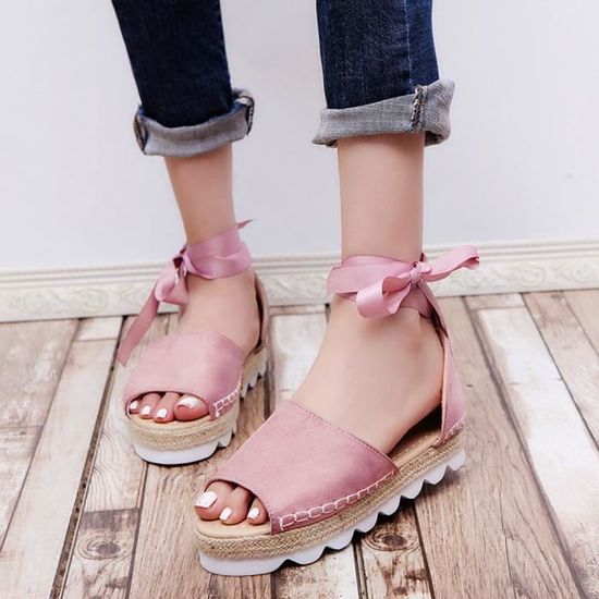 à Peep Chaussures Rose Toe Cross Femmes Flock Tied Sandales Fond Plate Solides Plateforme épais L54ARj