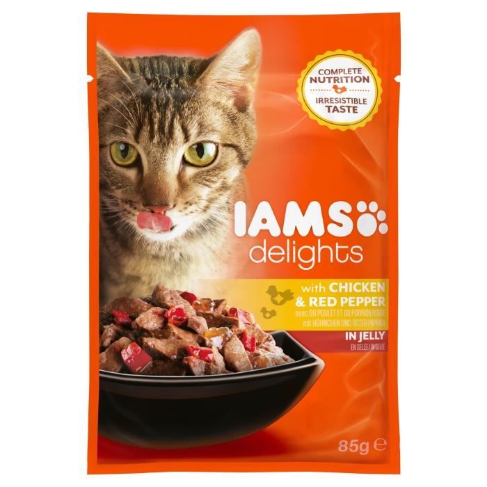 IAMS Delights Humide Poulet et Poivrons rouges en gelée - Toutes Races - 85 g - Pour chat adulte