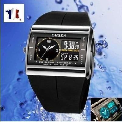 Montre Sport Led Dual Time Noire Chronometre Homme Noir ...
