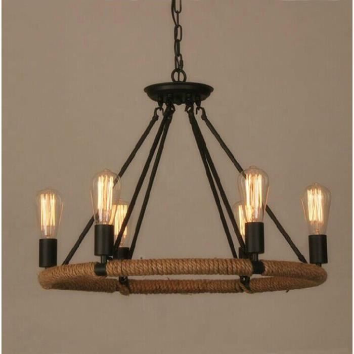 Suspension Industrielle Rustique Solenzo – Bois De Pin Et Corde, 3 Ampoules E27, Style Campagne Chic