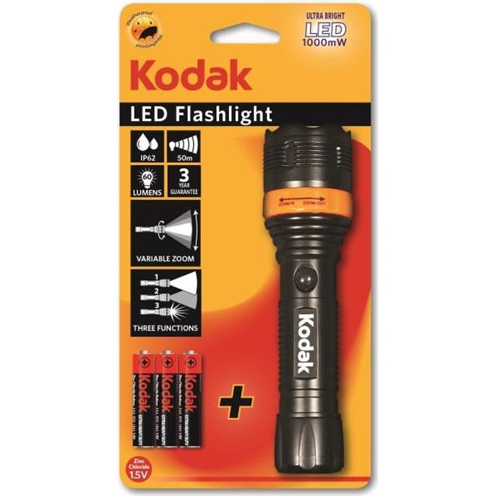 Lampe de poche portee variable LED Kodak - 1000 mW - Noir