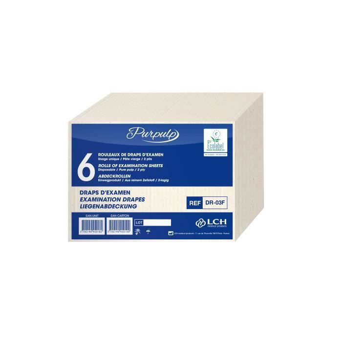 Carton de 6 rouleaux de draps d'examen Blanc Lisse pur 70 x 38cm
