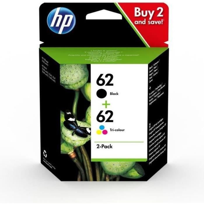 HP 62 pack de 2 cartouches authentiques d'encre noire / trois couleurs pour HP Envy 5540/5640/7640 (N9J71AE)