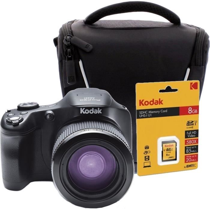 KODAK AZ651BK Appareil photo Bridge 1080p, zoom optique 65x + Carte mémoire SDHC 8GB + Sacoche pour appareil photo