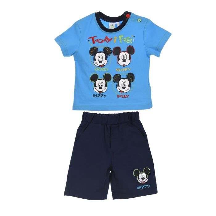MICKEY Ensemble Bleu T-shirt + Short Sérigraphié Bébé Garçon